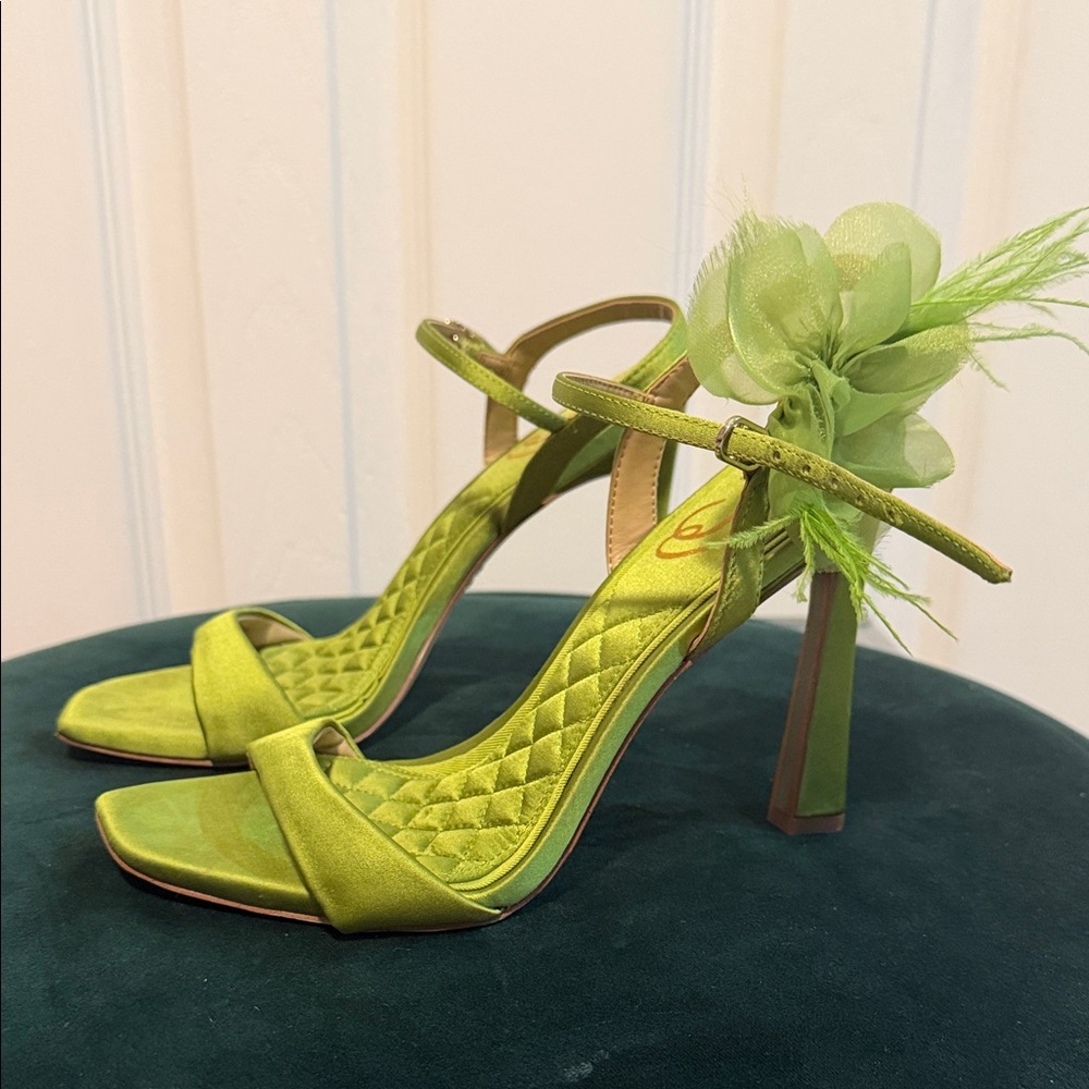 Sam Edelman Lime Green Satin Floral-Accent High Heel Sandals